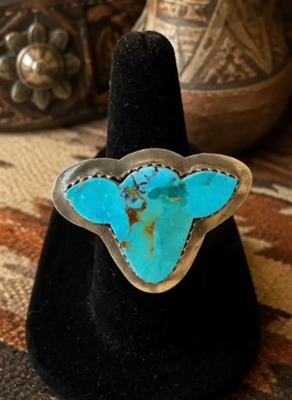 Number 8 Turquoise Steer Head Sterling Silver Ring | Ranch Cattle Western Ring